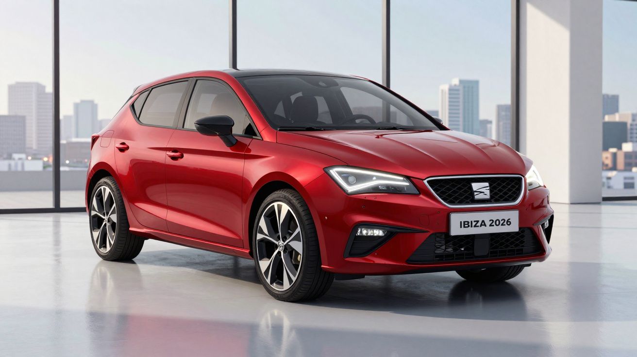 Carro hatchback vermelho Seat Ibiza 2026 estacionado em ambiente moderno com vista urbana ao fundo.