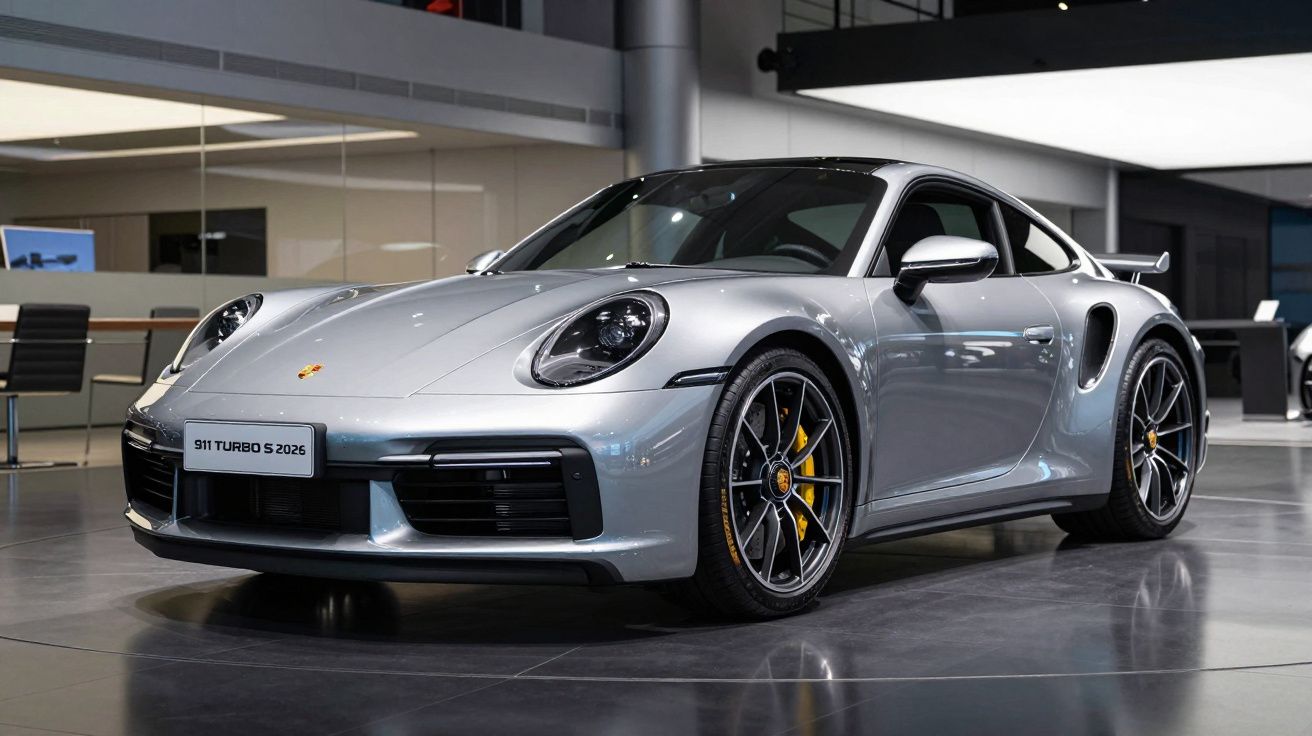 Carro esportivo Porsche 911 Turbo S 2026 prata exibido em showroom moderno com piso cinza.