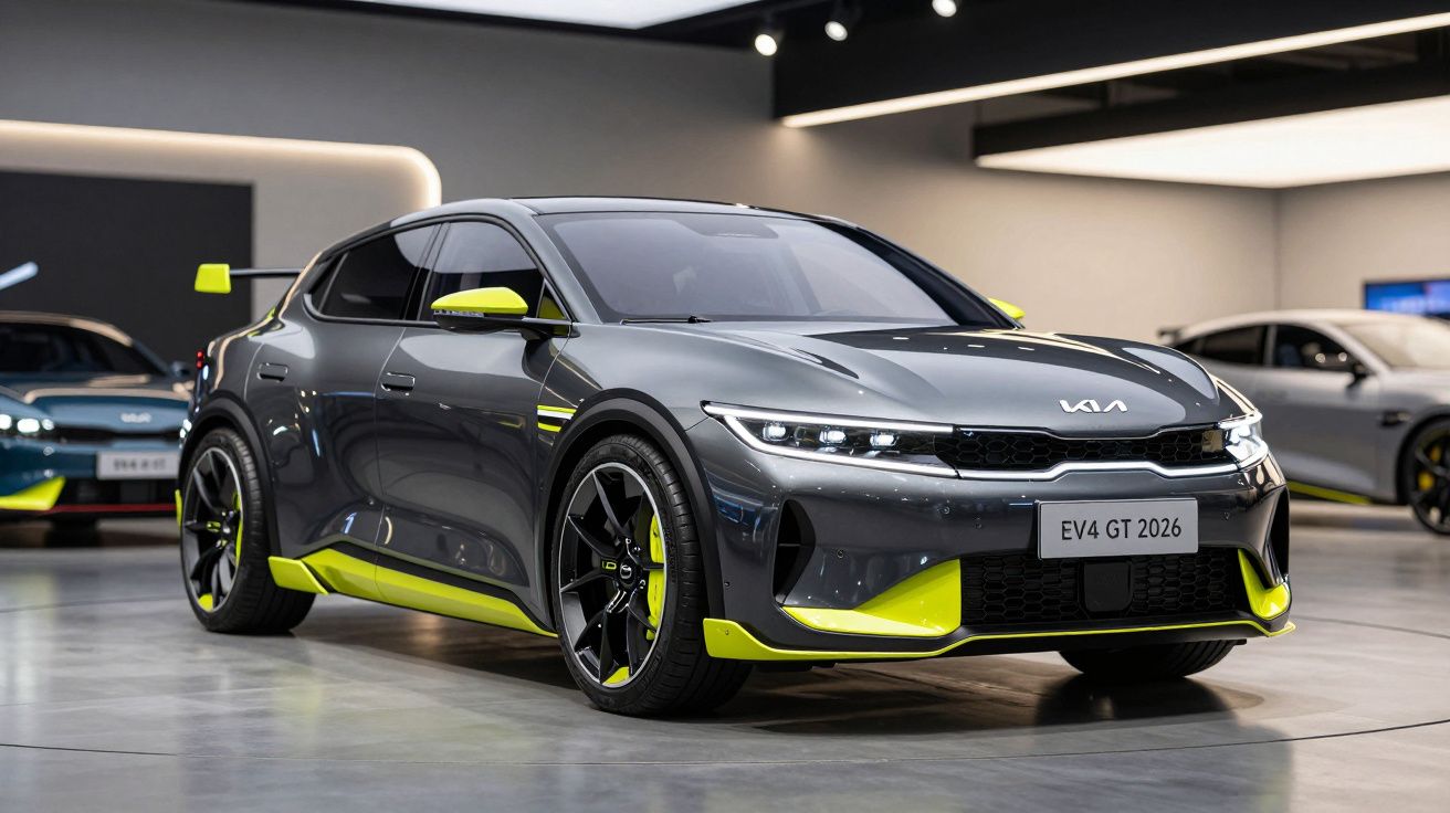Carro esportivo Kia EV4 GT 2026 cinza com detalhes amarelos em exposição em showroom moderno.