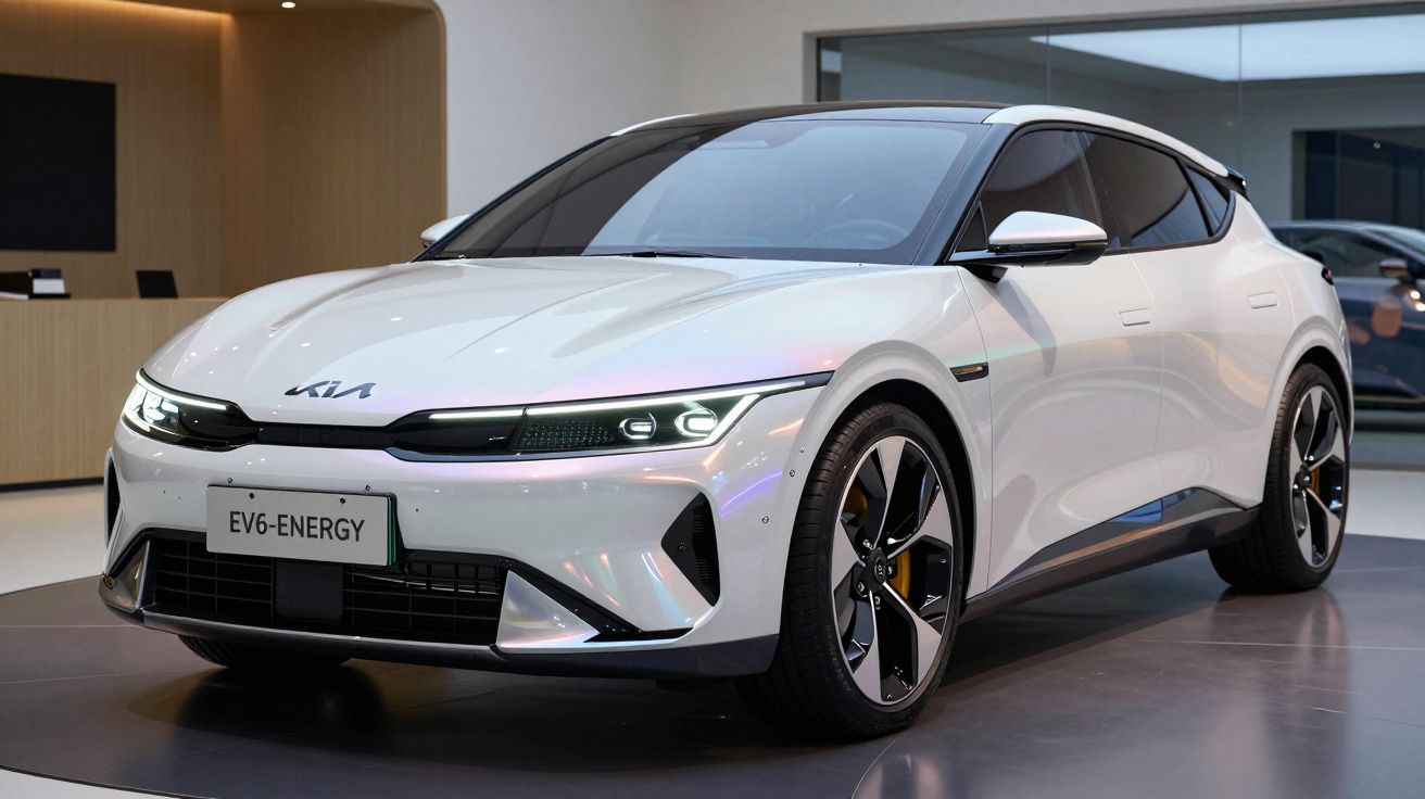 Carro elétrico branco Kia EV6 estacionado em showroom com design moderno e aerodinâmico.