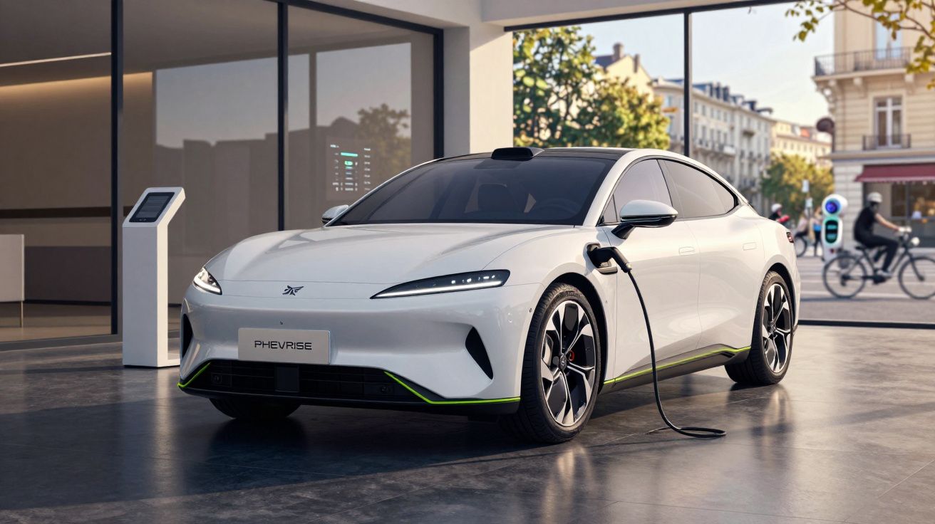 Carro elétrico branco modelo PHEVRISE carregando em estação urbana moderna com ambiente externo visível.