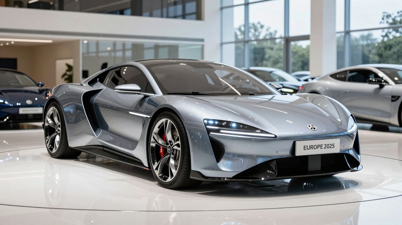 Carro esportivo cinza metálico em exposição interna com design futurista e luzes dianteiras acesas.