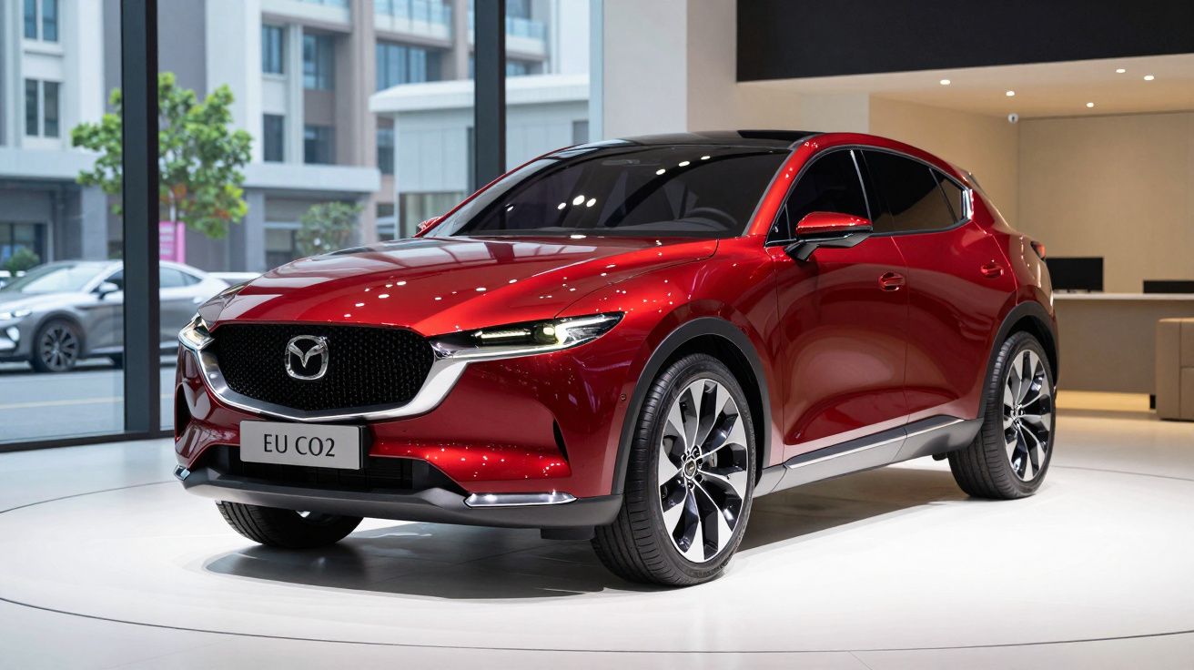 Carro SUV vermelho Mazda com design moderno em exposição interna, modelo EU CO2.
