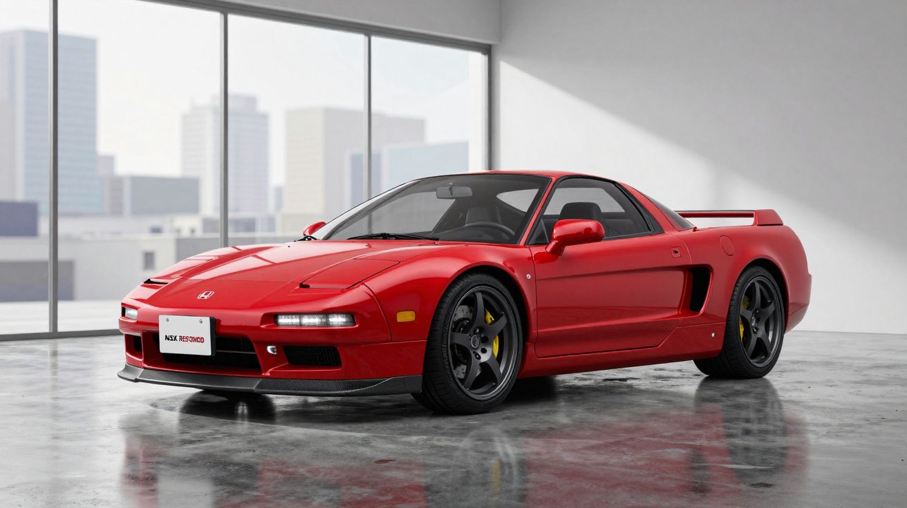 Carro esportivo vermelho estacionado em ambiente interno com piso espelhado e janela grande ao fundo.