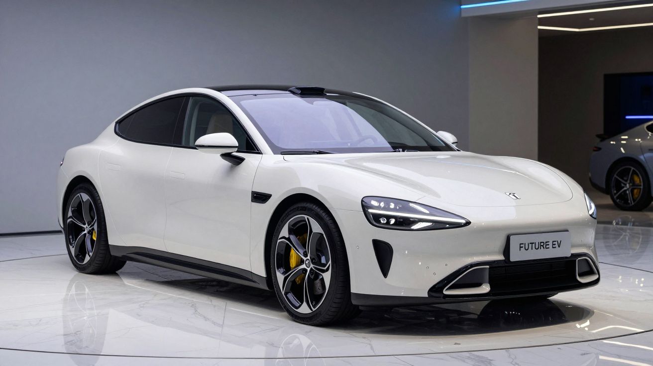 Carro elétrico branco futurista exibido em ambiente moderno, com rodas esportivas e design aerodinâmico.