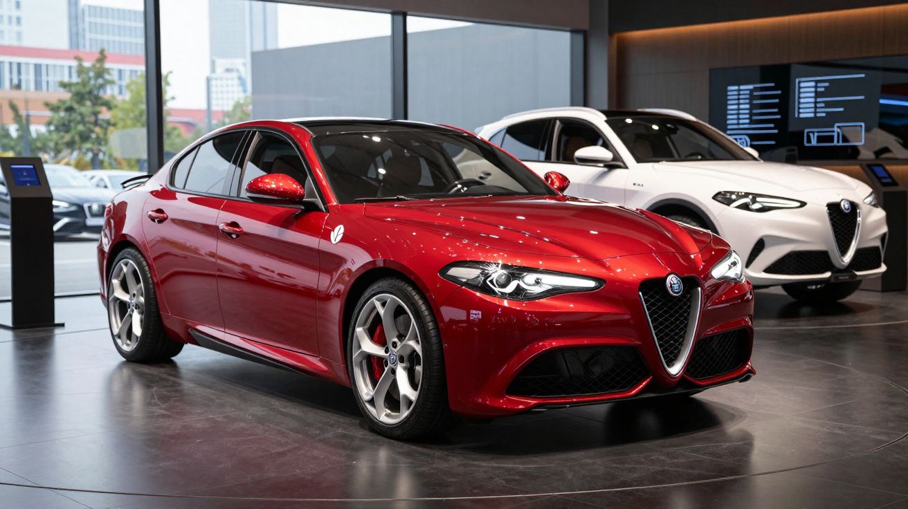 Carro esportivo vermelho e SUV branco da Alfa Romeo em showroom moderno com piso cinza.