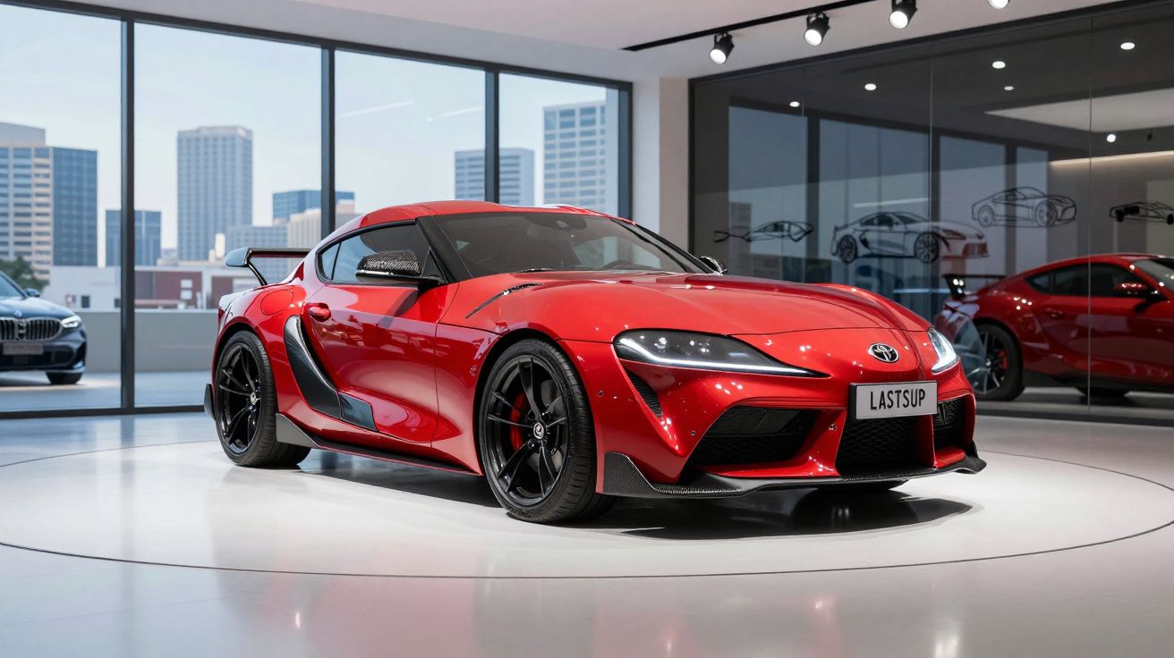 Carro esportivo vermelho Toyota Supra em exposição em showroom moderno com grandes janelas.