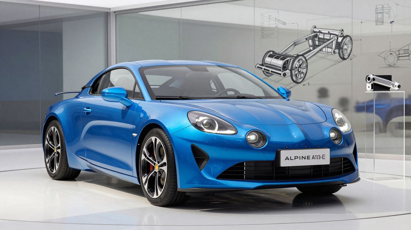 Carro esportivo azul Alpine A110 S exibido em ambiente moderno com desenhos técnicos ao fundo.