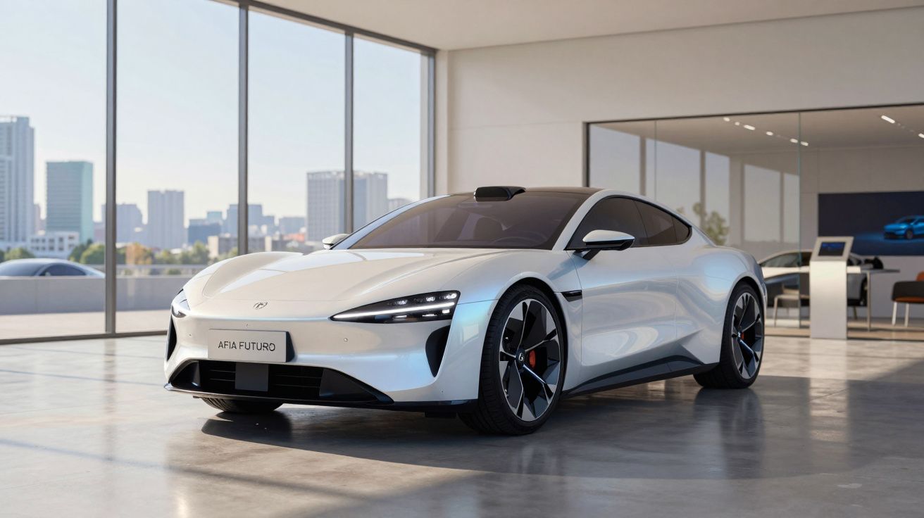 Carro elétrico esportivo branco estacionado em showroom moderno com janelas amplas e vista urbana.