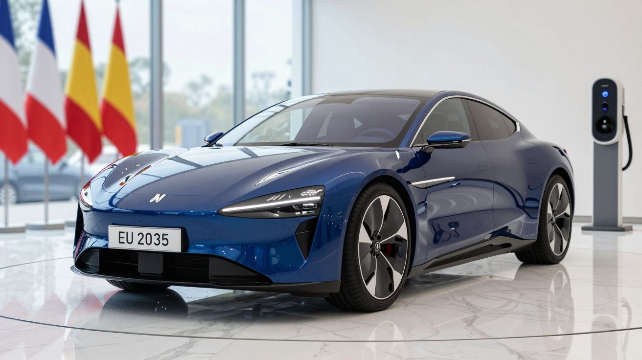 Carro elétrico esportivo azul estacionado em showroom com carregador ao fundo e bandeiras da Espanha.