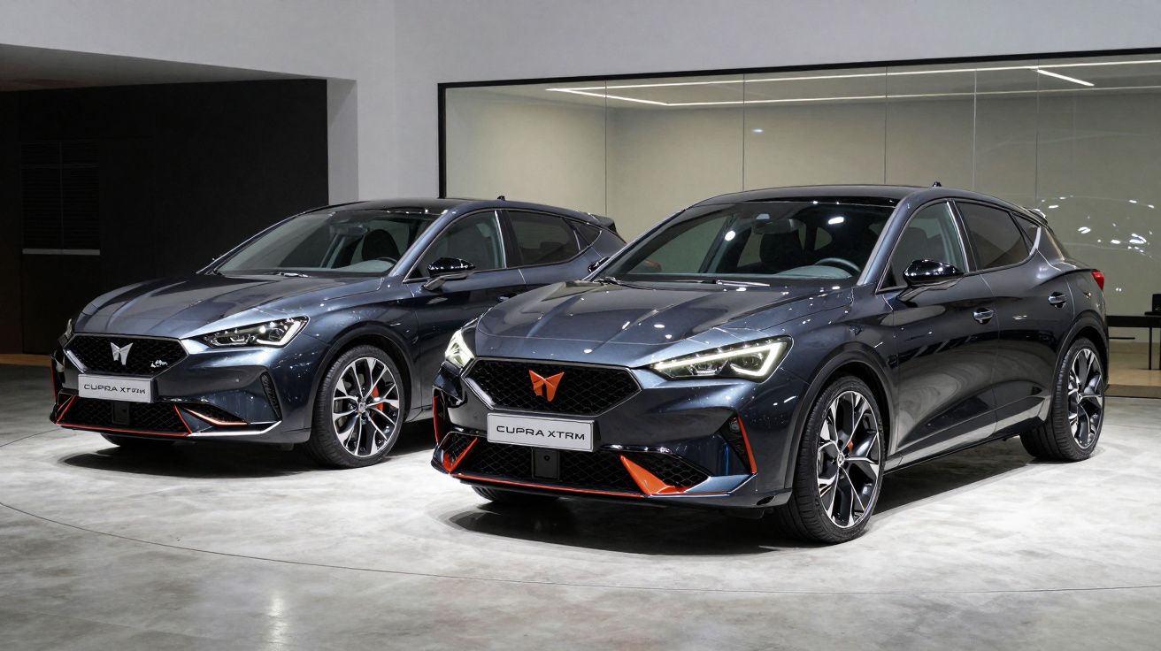 Dois carros esportivos Cupra XTRM cinza escuro exibidos em salão com chão de concreto e parede branca.
