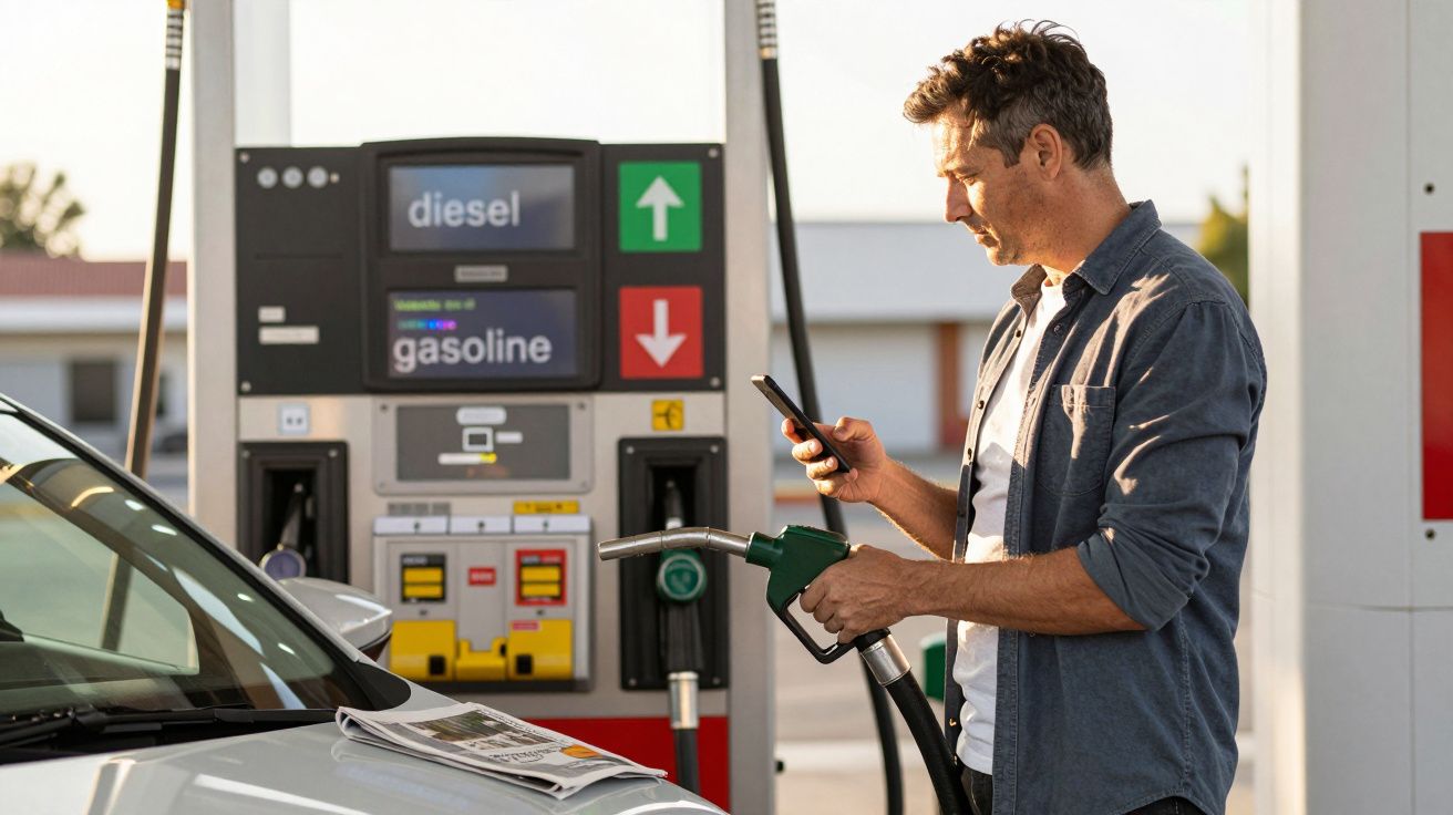 Homem abastecendo carro com combustível em posto enquanto olha para celular ao anoitecer.