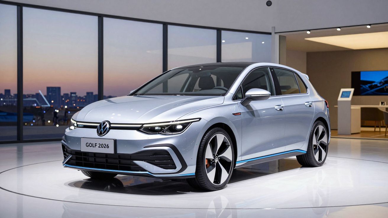 Carro Volkswagen Golf 2026 prata exibido em showroom moderno com janelas amplas e vista urbana ao entardecer.