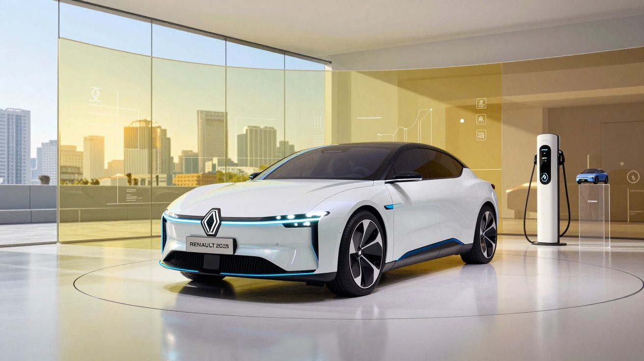 Carro elétrico branco Renault 2025 em showroom moderno com carregador e cidade ao fundo.