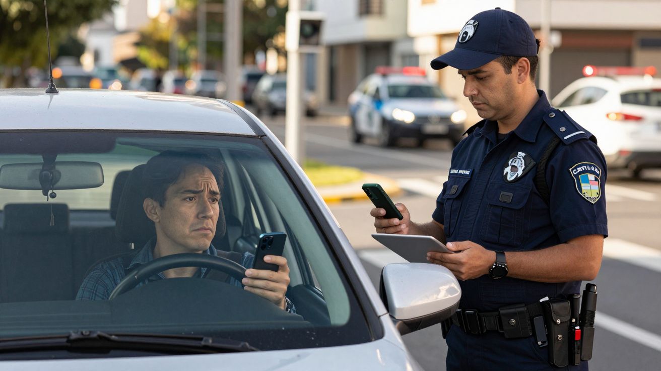 Motorista consultando celular enquanto policial verifica documentos na via urbana durante abordagem.