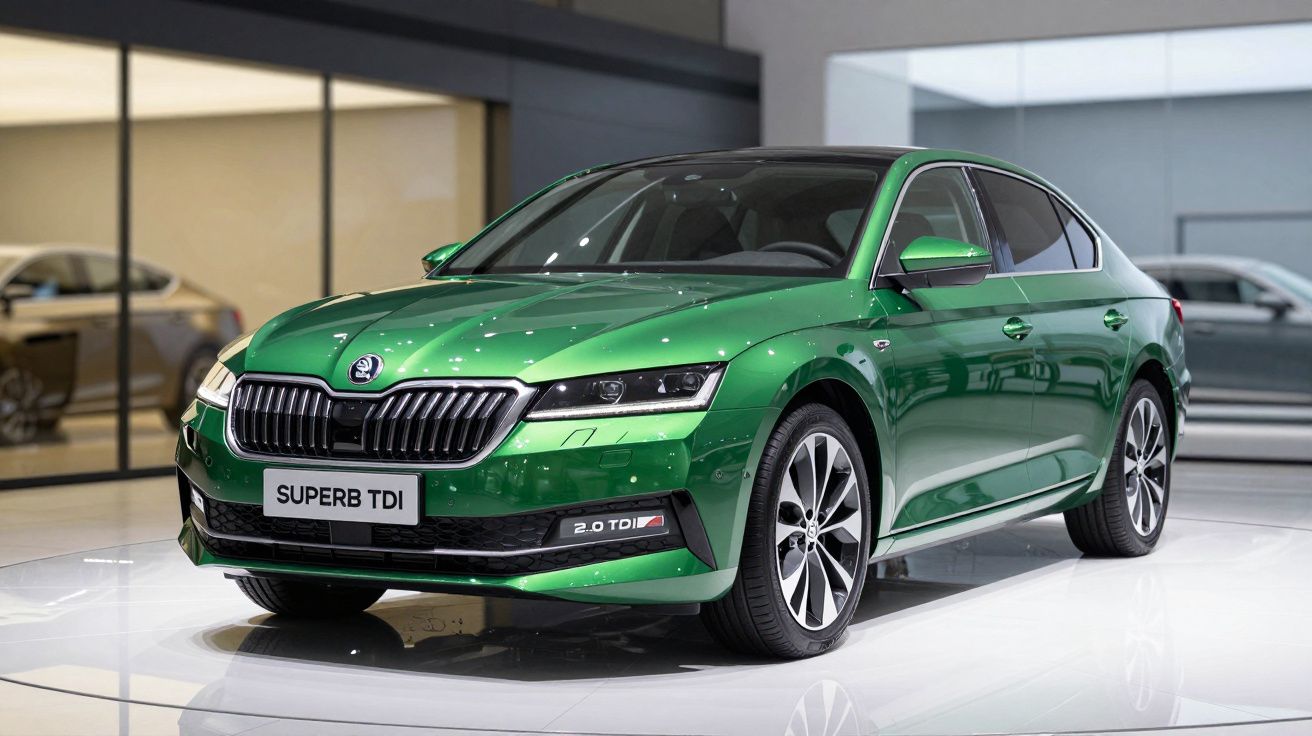 Carro sedan verde metálico Skoda Superb TDI exibido em ambiente interno branco e moderno.