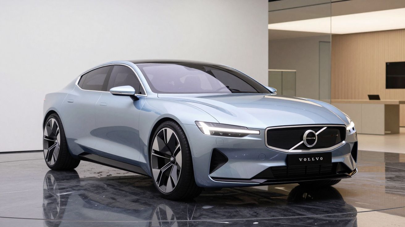 Carro elétrico Volvo cinza claro com design moderno exposto em ambiente interno sofisticado.