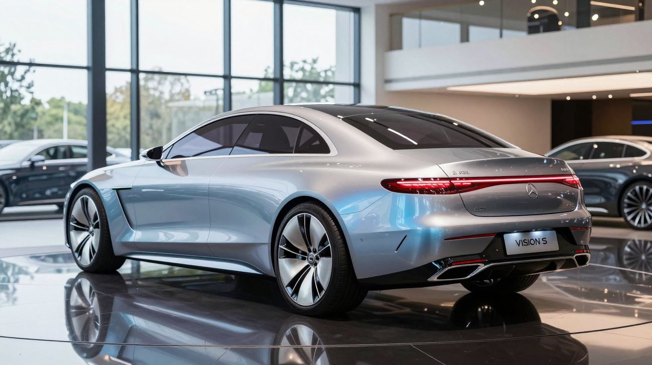 Carro elétrico Mercedes-Benz Vision S prateado em exposição dentro de showroom moderno.