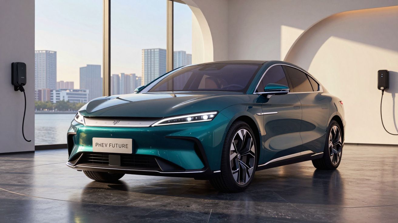 Carro elétrico verde escuro estacionado em sala moderna com janelas grandes e carregadores nas paredes.