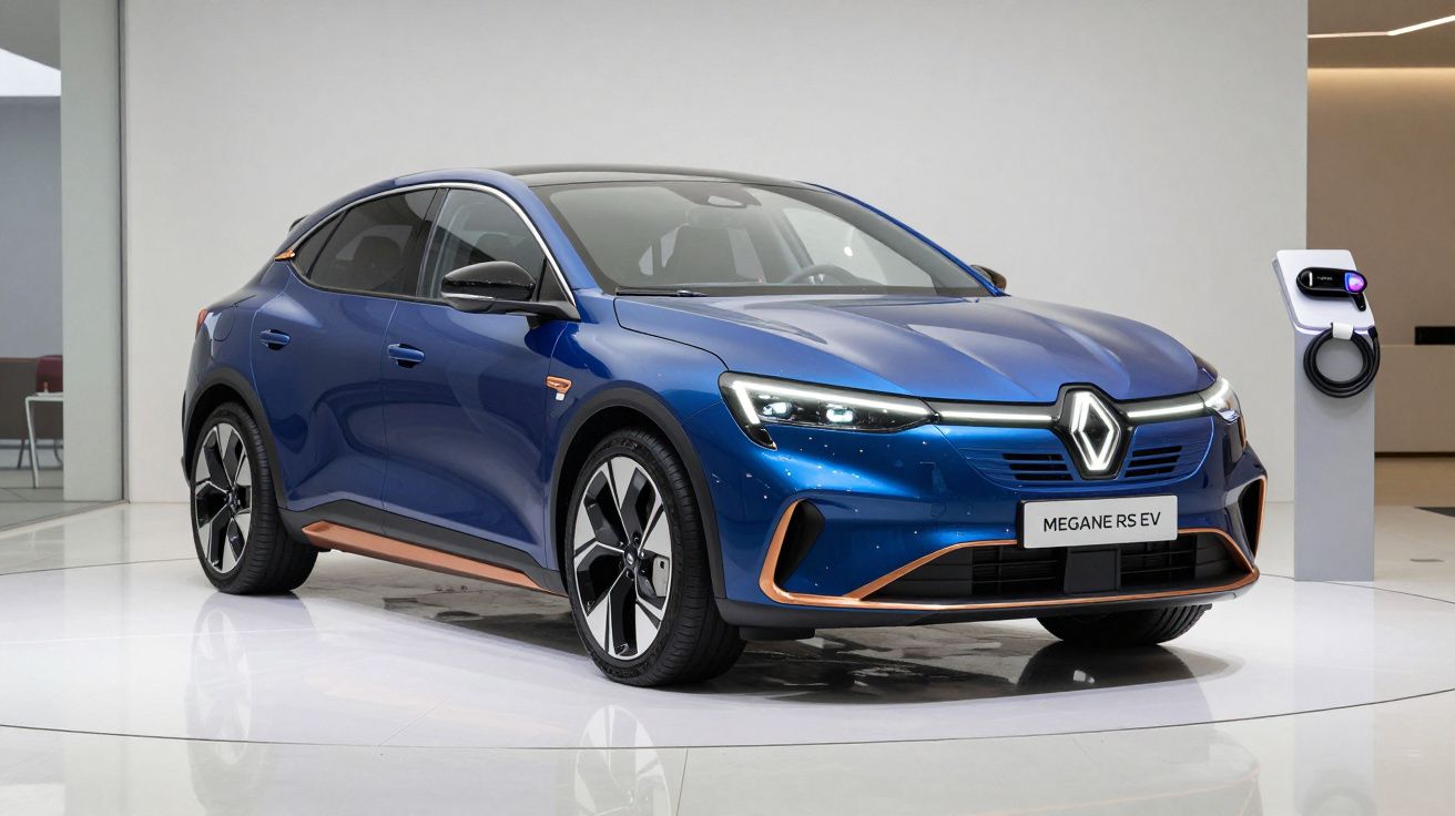 Carro elétrico Renault Megane RS EV azul exposto em ambiente moderno com estação de recarga.