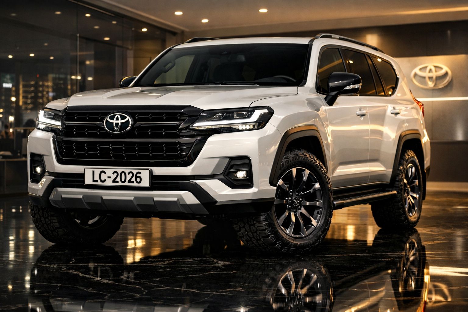 SUV Toyota Land Cruiser branca em exposição com iluminação interna e piso refletivo.
