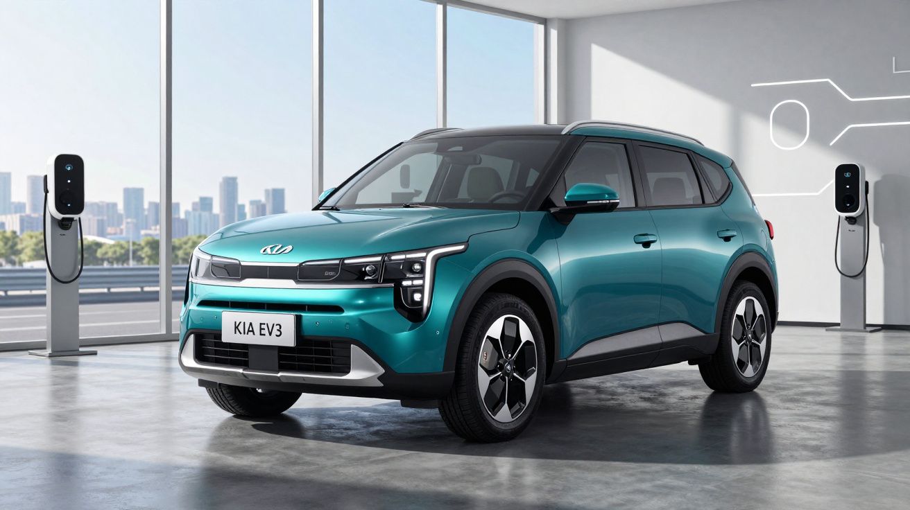 Carro elétrico Kia EV3 verde estacionado em garagem com estação de recarga e vista urbana ao fundo.