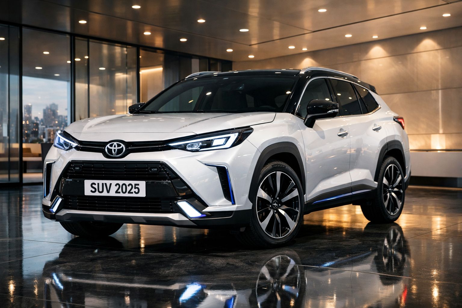 SUV branco Toyota 2025 estacionado em ambiente urbano moderno com iluminação interna.