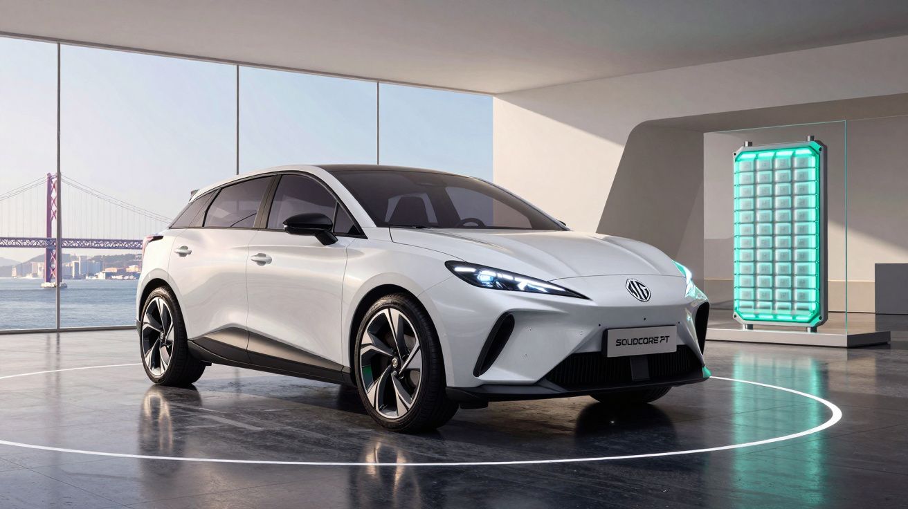 Carro elétrico branco moderno estacionado em ambiente interno com vista para ponte ao fundo.