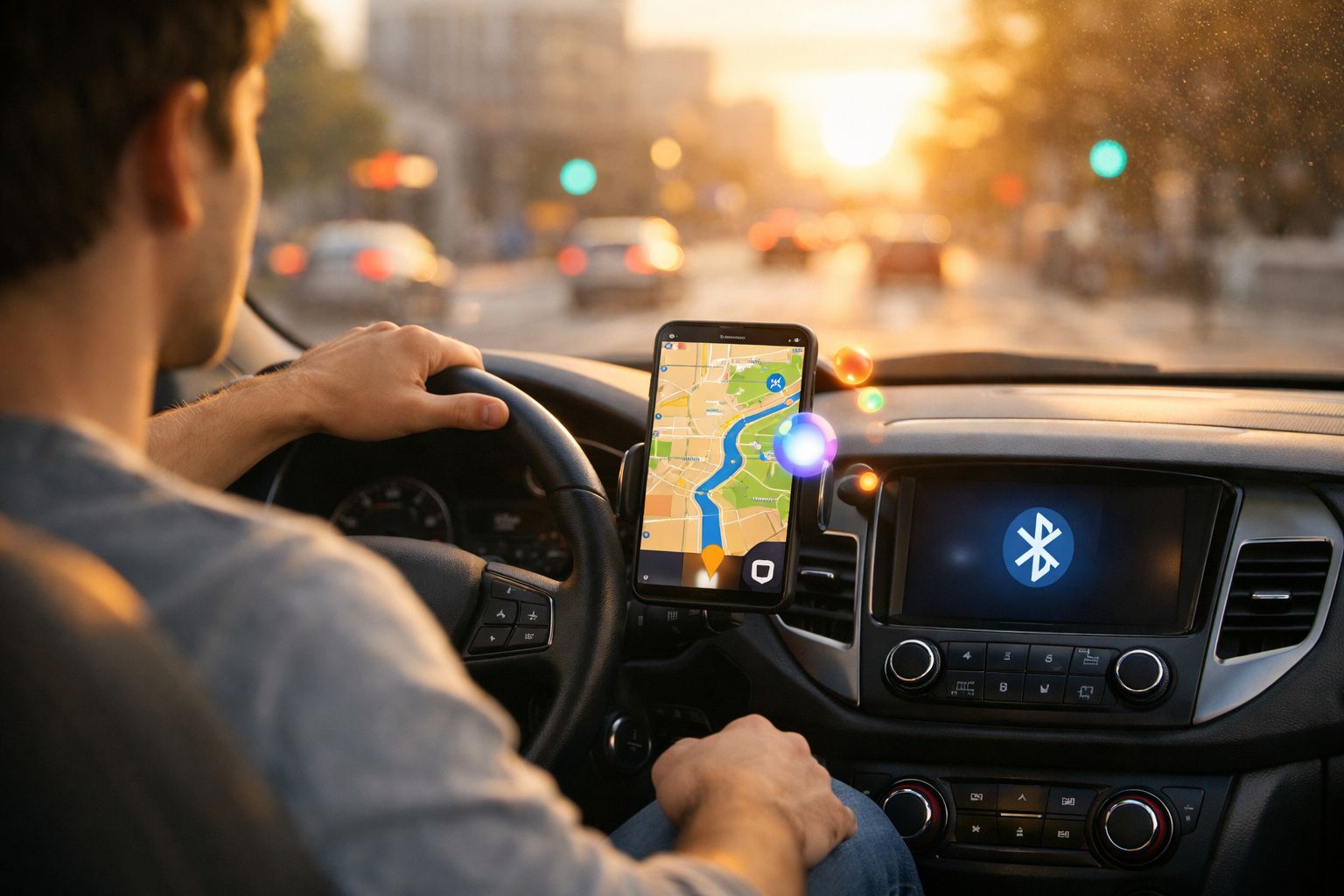 Pessoa dirigindo com GPS no celular e conexão Bluetooth no painel do carro ao pôr do sol.