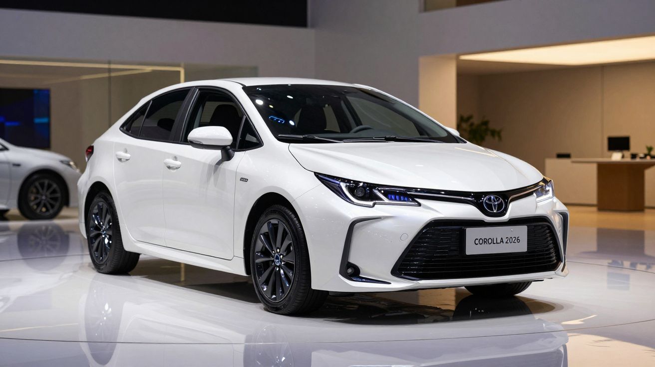 Carro branco Toyota Corolla 2026 em exposição, com design moderno e rodas pretas brilhantes.