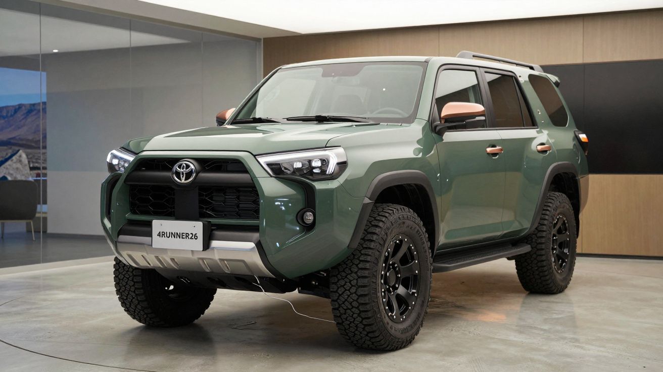 SUV Toyota 4Runner verde estacionado em ambiente interno moderno, visto de frente e lado direito.
