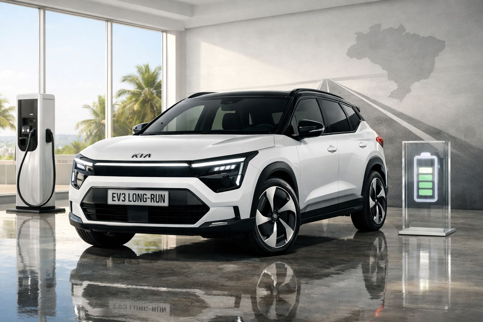 Carro elétrico Kia EV3 Long-Run branco carregando em estação com ícone de bateria carregada ao lado.