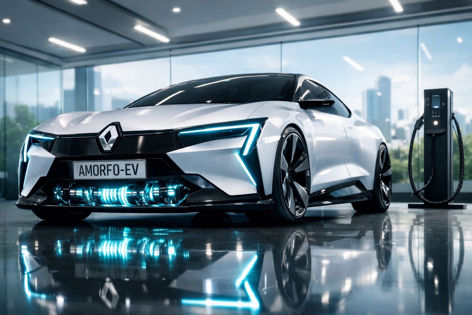 Carro elétrico branco estacionado em garagem moderna com luzes azuis e carregador ao lado.