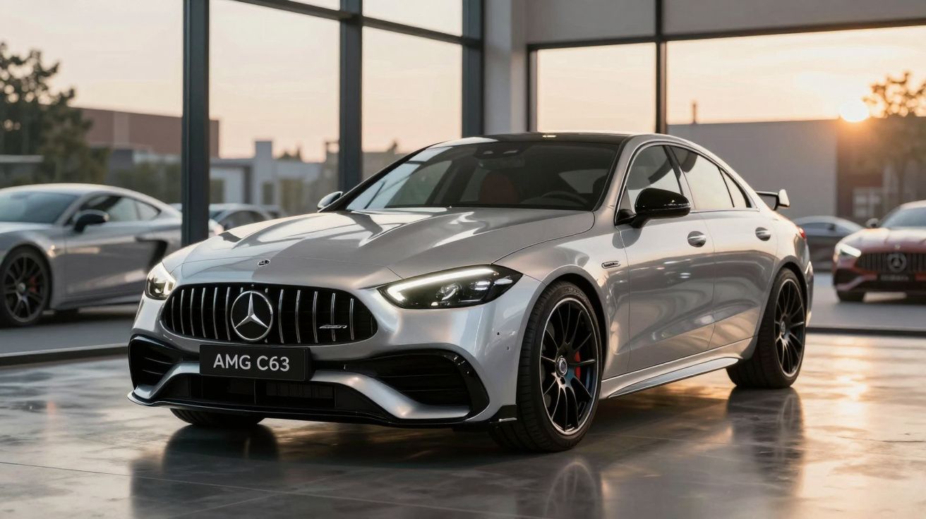 Mercedes-Benz AMG C63 prata estacionado em showroom com iluminação natural ao pôr do sol.