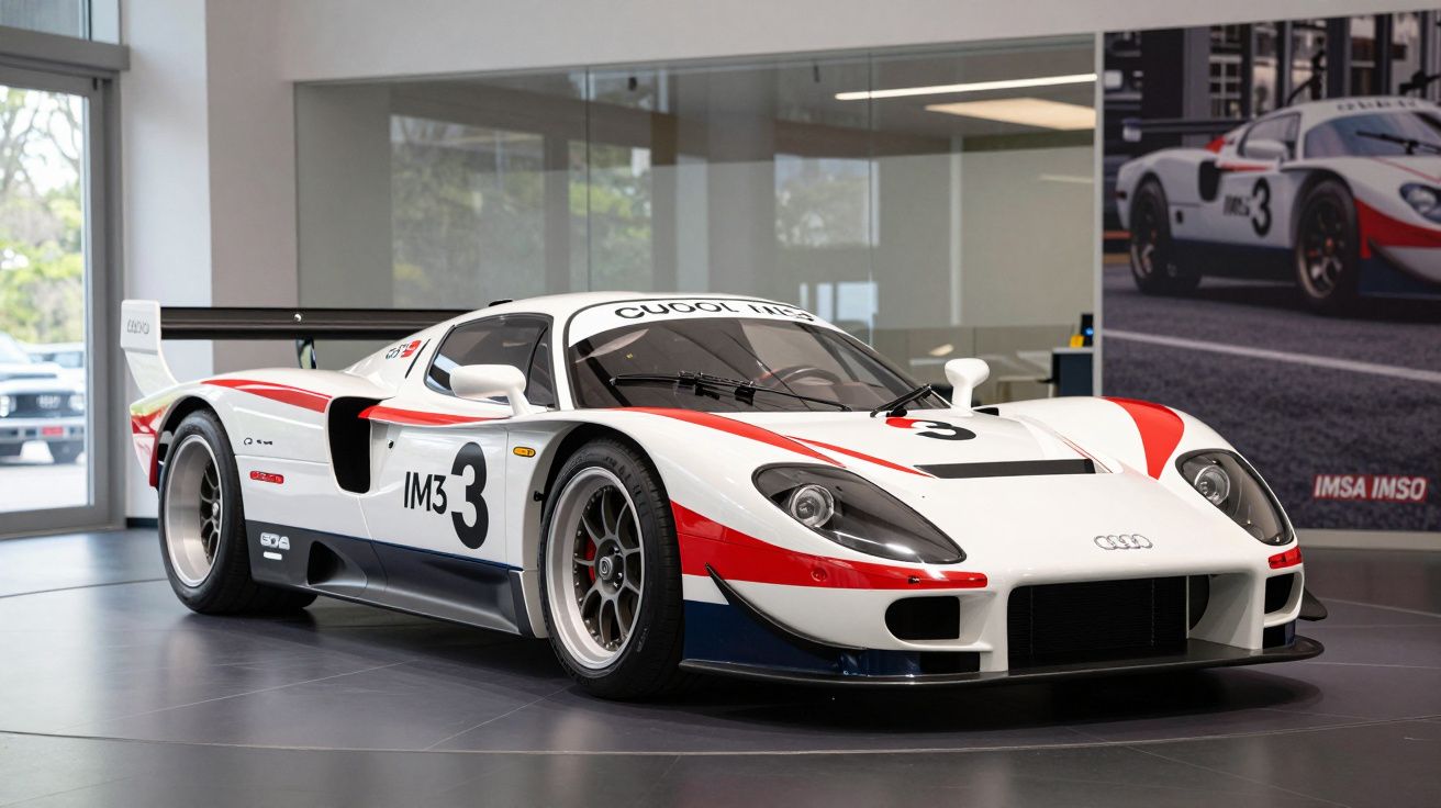 Carro de corrida Audi IM3 branco com faixas vermelhas e azuis em exposição em salão moderno.