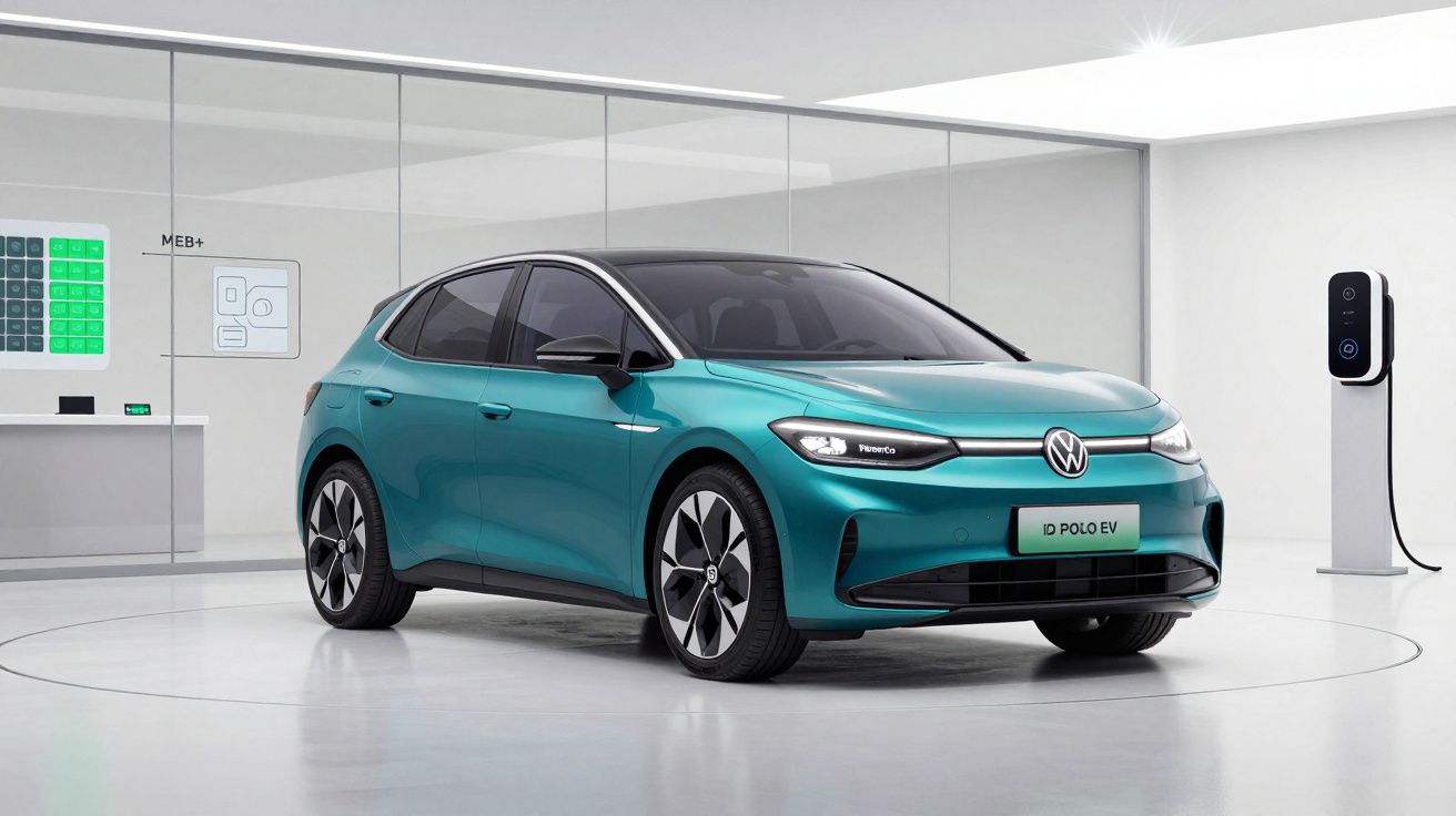 Carro elétrico Volkswagen ID Polo EV azul em ambiente moderno com estação de recarga elétrica.