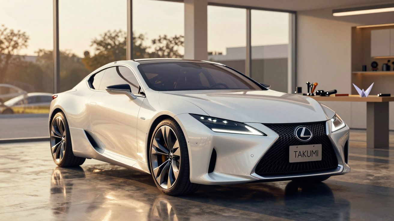 Carro esportivo branco Lexus estacionado em ambiente interno com piso refletivo e iluminação natural.