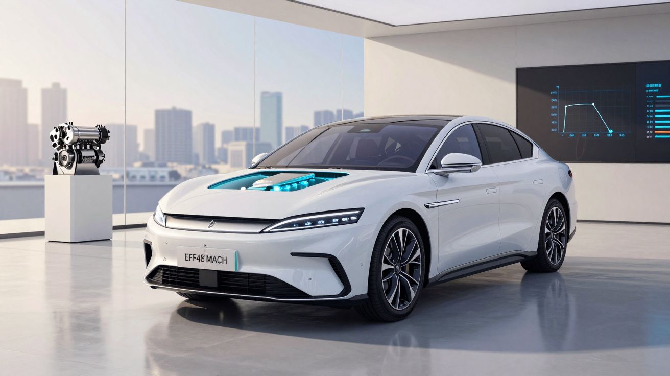 Carro elétrico branco EFF48 MACH exibido em showroom com motor destacado no capô transparente.