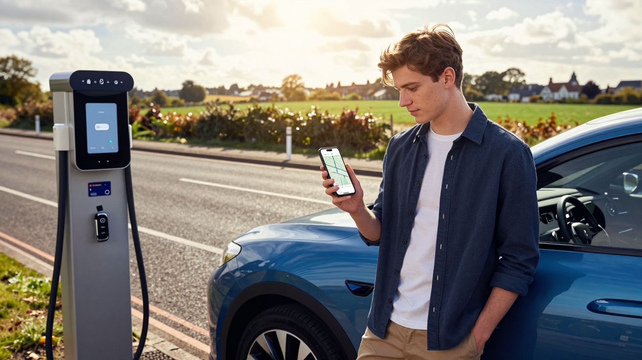Jovem usando celular ao lado de carro elétrico azul em estação de recarga na estrada ao entardecer.
