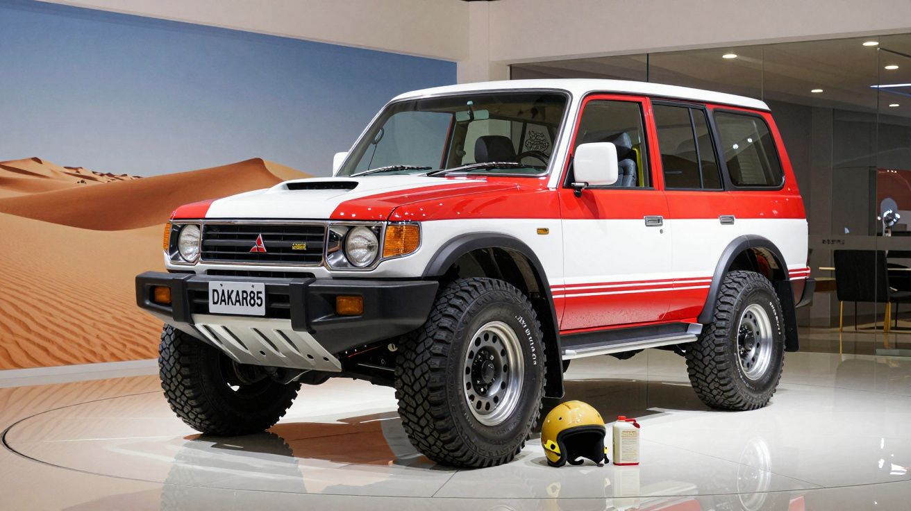 SUV Mitsubishi Pajero Dakar 1985 vermelho e branco exposto em salão com capacete e galão ao lado.