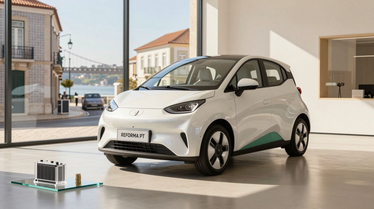 Carro elétrico branco modelo compacto exposto em ambiente interno com janela grande e ambiente urbano ao fundo.