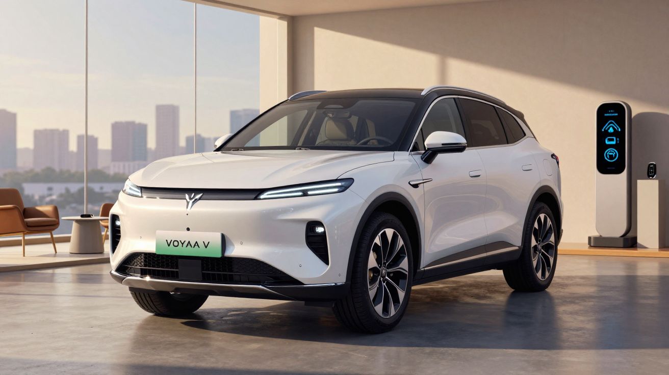 Carro elétrico branco estacionado em ambiente interno moderno com carregador ao fundo.