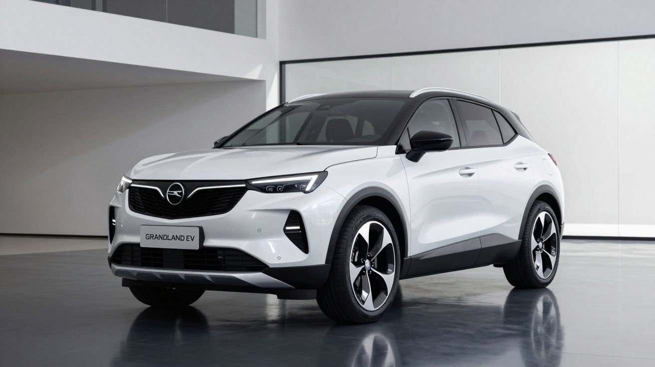 Carro SUV elétrico branco Opel Grandland EV em ambiente interno com piso refletivo.