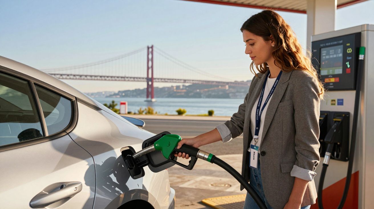 Mulher abastecendo carro em posto com ponte e rio ao fundo em dia claro.