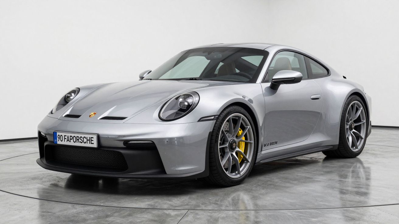 Carro esportivo Porsche cinza prata estacionado em piso cinza brilhante com fundo branco.