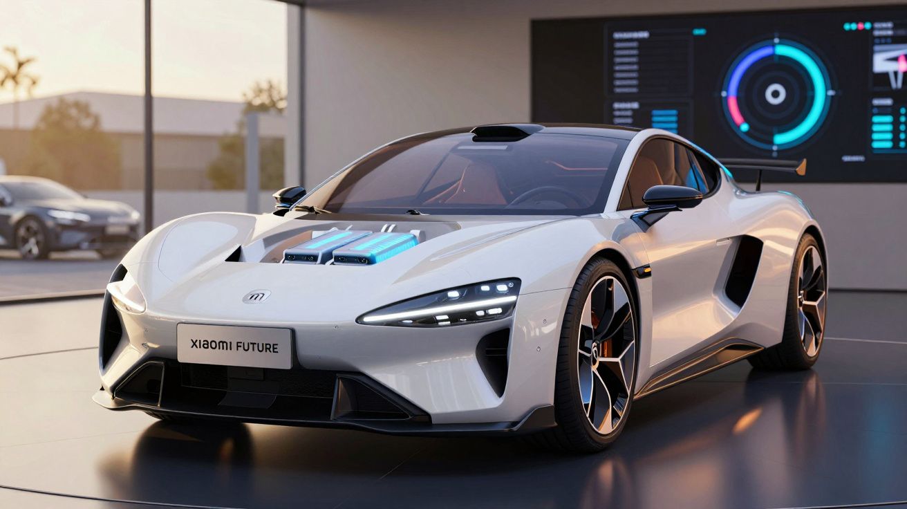 Carro esportivo branco futurista da Xiaomi exibido em ambiente interno com tela digital ao fundo.