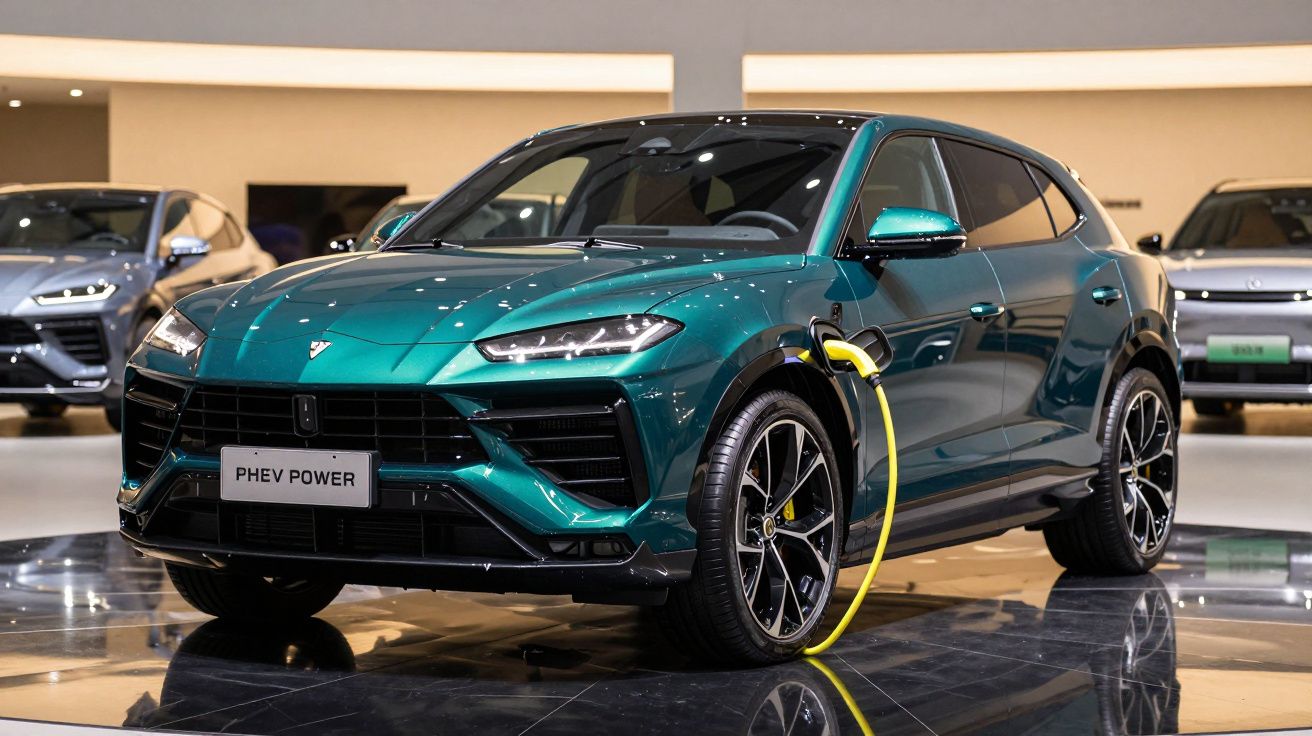 SUV elétrico verde metálico conectado a carregador em salão de automóveis.