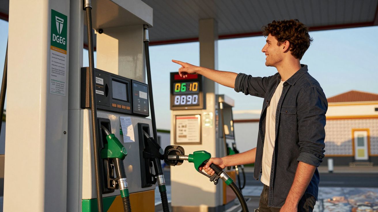 Homem sorridente abastecendo carro em posto de gasolina durante o dia.