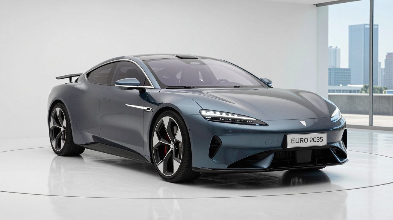 Carro esportivo cinza metálico em ambiente interno branco com janelas grandes e vista urbana ao fundo.