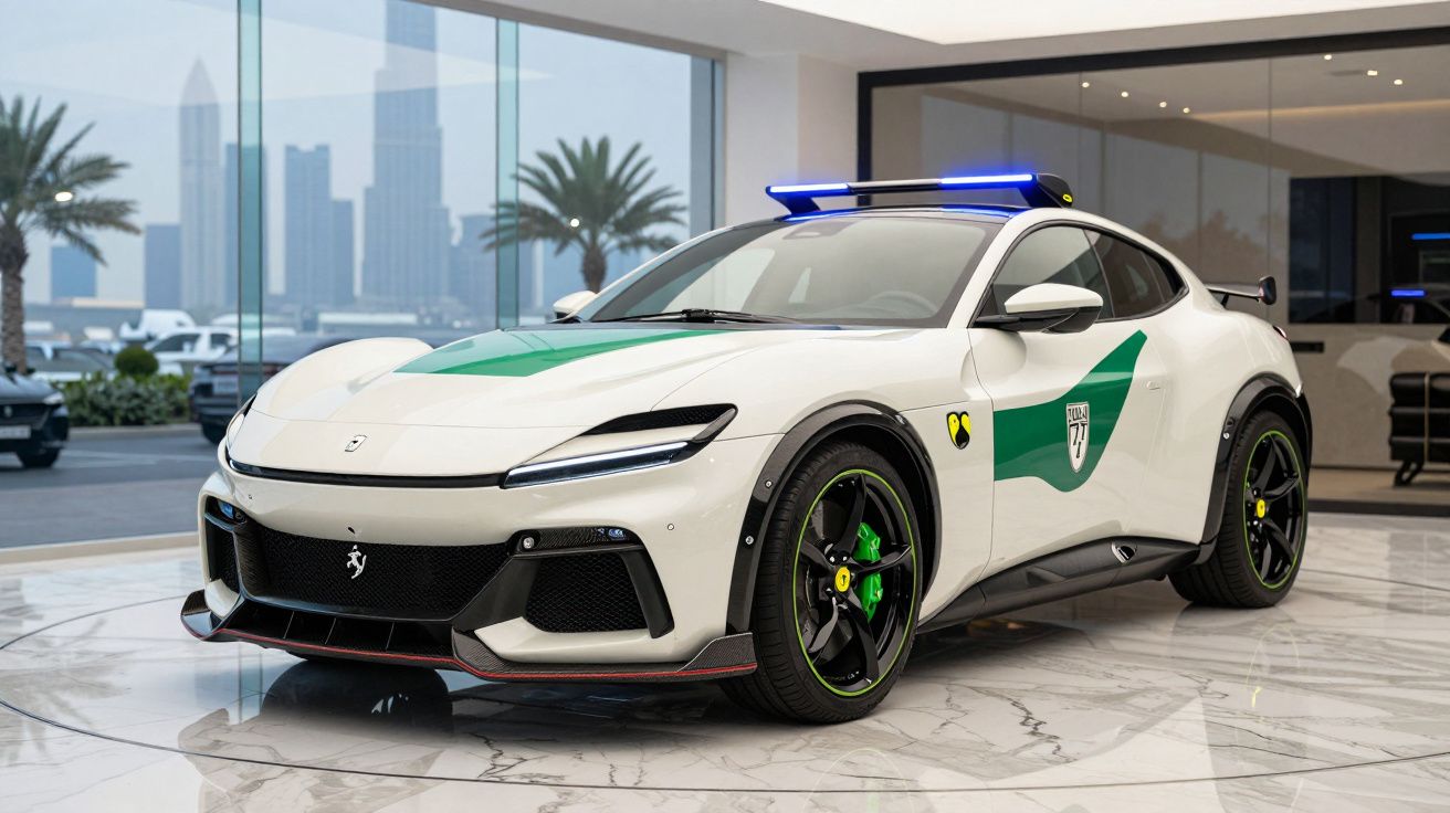 Carro esportivo branco com detalhes verdes e luz azul no teto, em showroom com piso e paredes de vidro.